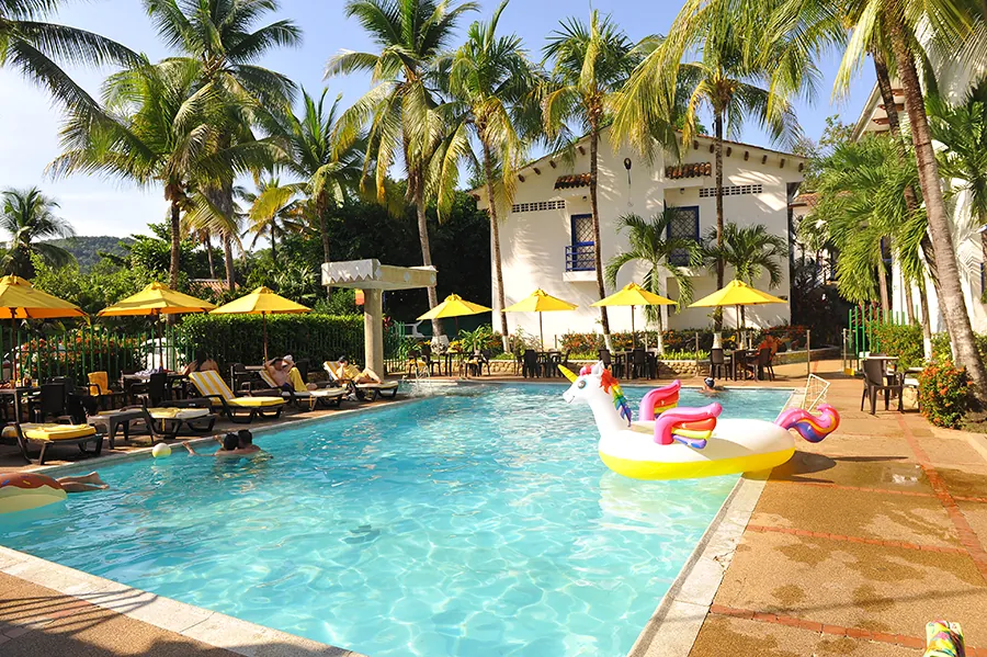 Piscina y palmeras del hotel